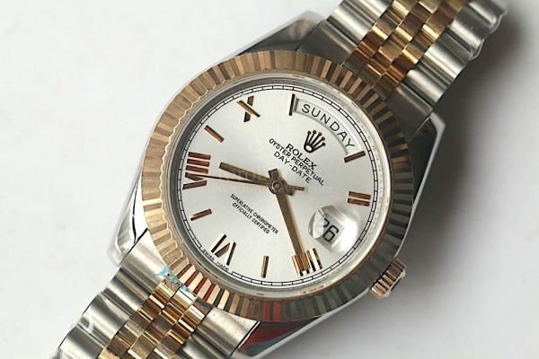 Rolex Day-Date Oyster Fluted YG Wrapped Two Tone Roman Markers Silver Dial Bracelet MKF