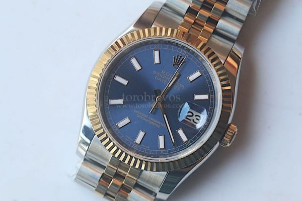 DateJust Oyster Fluted 116231 36mm YG Two Tone Stick Markers Grey & Blue Dial Bracelet BP SA3135