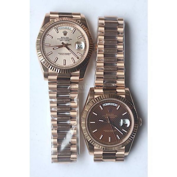 Rolex Day-Date Oyster Fluted RG Sticker Markers Texture Rose Gold & Lattice Brown Dial Bracelet Noob A3255