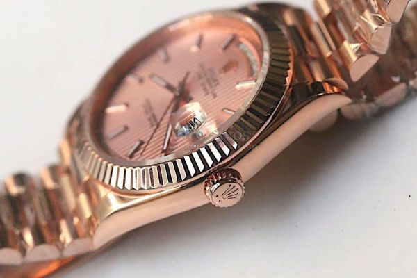Rolex Day-Date Oyster Fluted 18K RG Wrapped Case Stick Markers Texture Pink Dial Bracelet BP