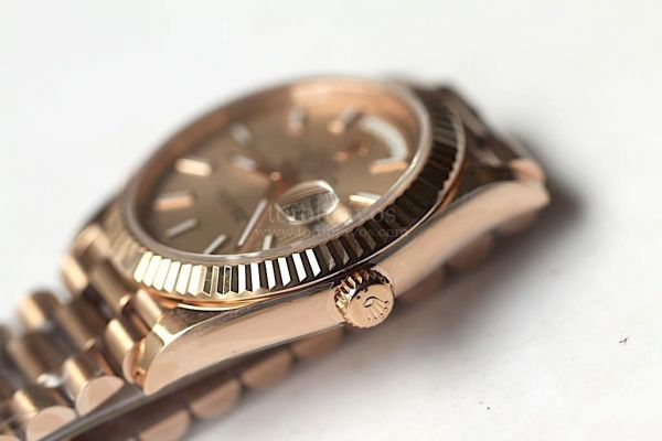 Rolex Day-Date Oyster Fluted RG Sticker Markers Texture Rose Gold & Lattice Brown Dial Bracelet Noob A3255