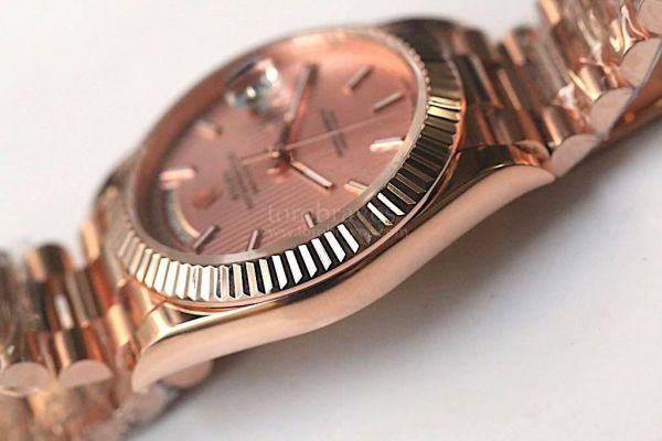 Rolex Day-Date Oyster Fluted 18K RG Wrapped Case Stick Markers Texture Pink Dial Bracelet BP