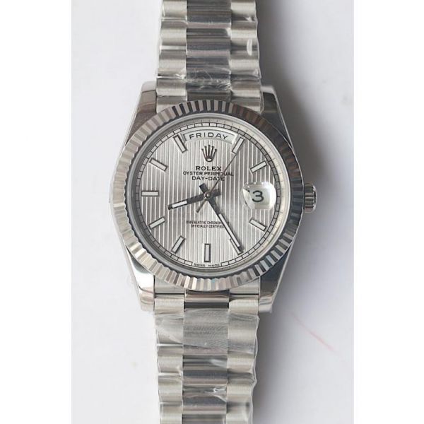 Rolex Day-Date Oyster Fluted Stick Markers Texture Silver & Grey Dial Bracelet Noob A3255