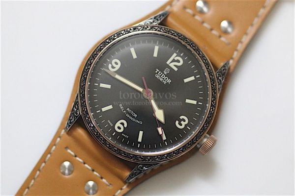 Tudor Heritage Ranger Engraved Two-Tone Black Dial Brown Leather A2824