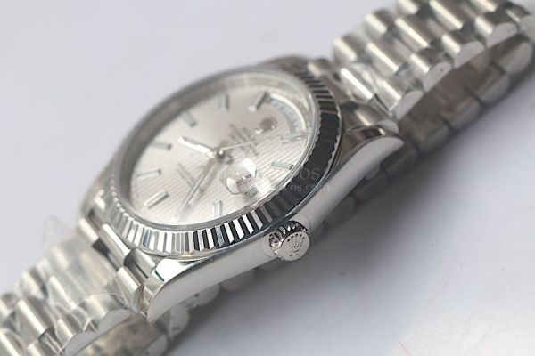 Rolex Day-Date Oyster Fluted Stick Markers Texture Silver & Grey Dial Bracelet Noob A3255